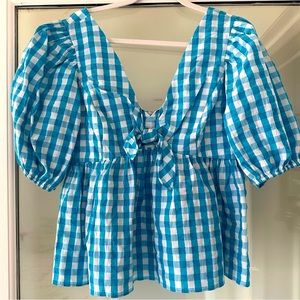 NWT Lilly Pulitzer Babydoll Blue Gingham top with front bow and smocked back!